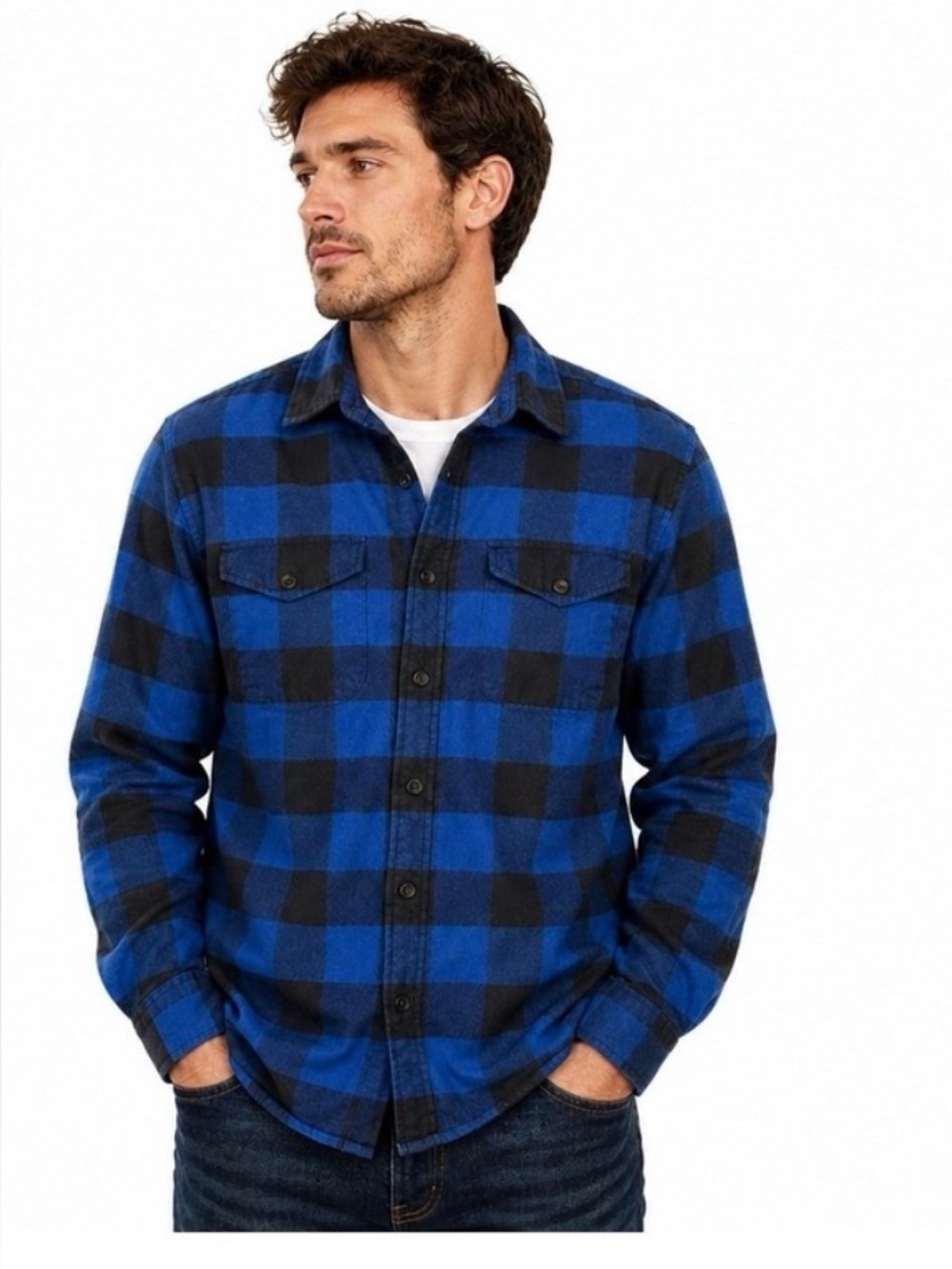American Eagle Men's Blue Black Flannel Plaid Button Up Long Sleeve M